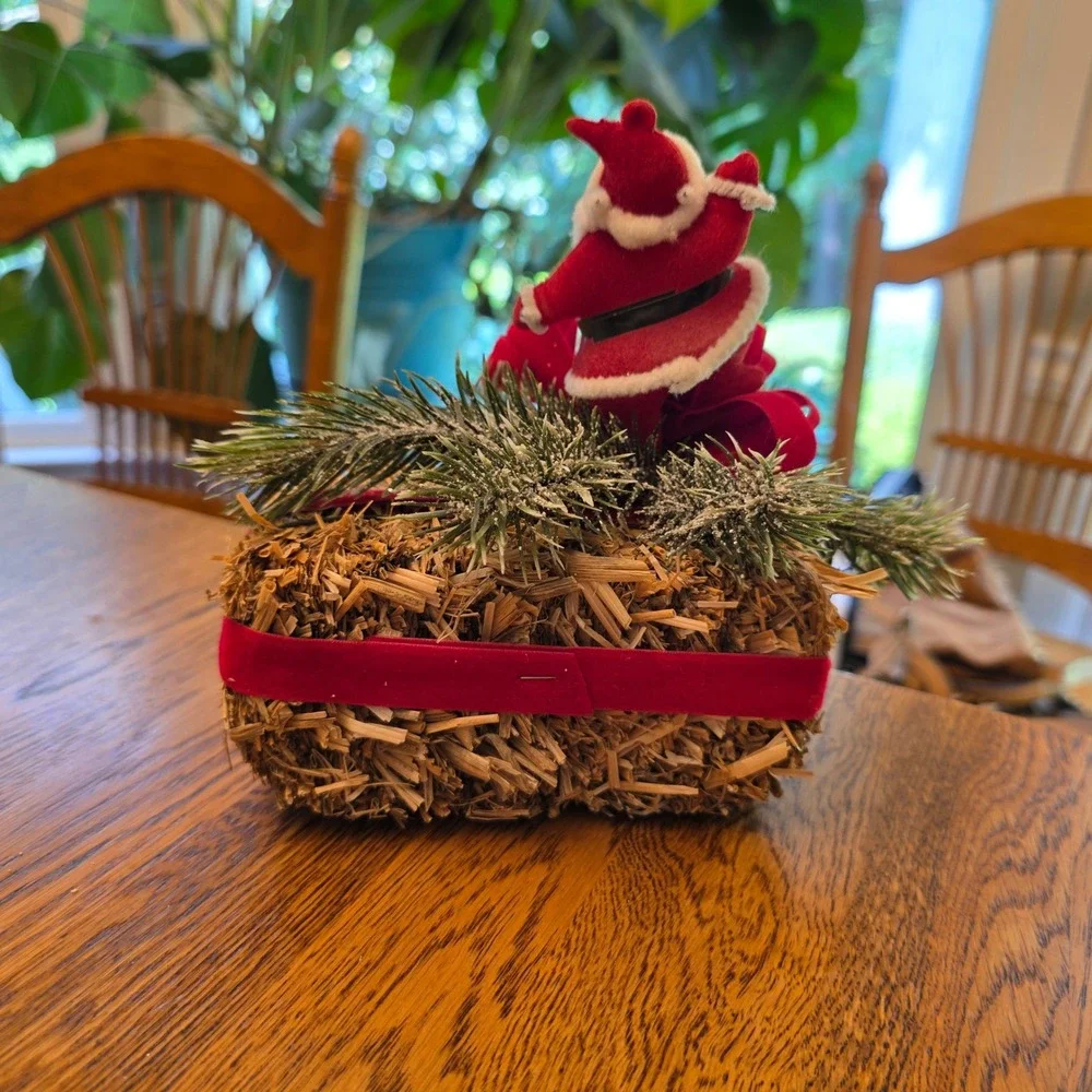 Vintage Flocked Santa Claus on Straw Hay Bale Christmas Centerpiece Red Velvet